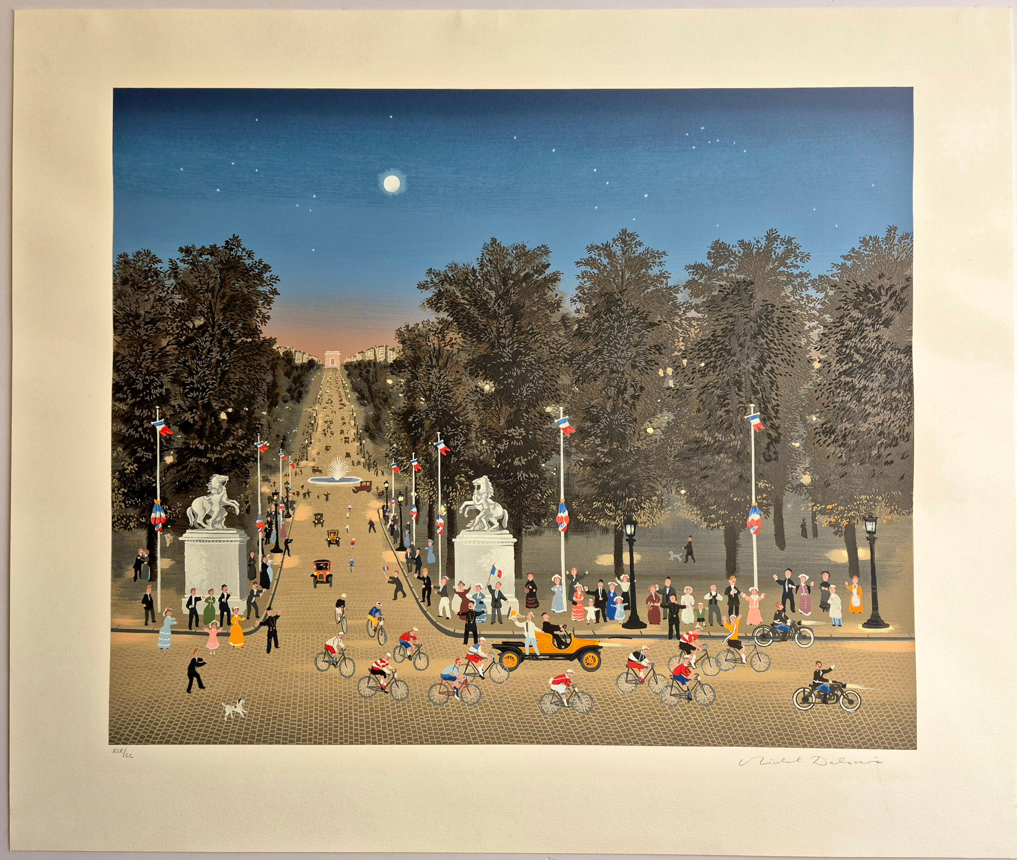 Michel Delacroix 
Arrivo del Tour de France sugli Champs Elysees, 1990
Litografia originale 
Firmato a mano a matita in basso a destra
Numerato XIX/CC in basso a sinistra
Dimensioni del foglio: 78,5 x 91,5 cm
Pubblicato da Axelle Fine Arts

classica