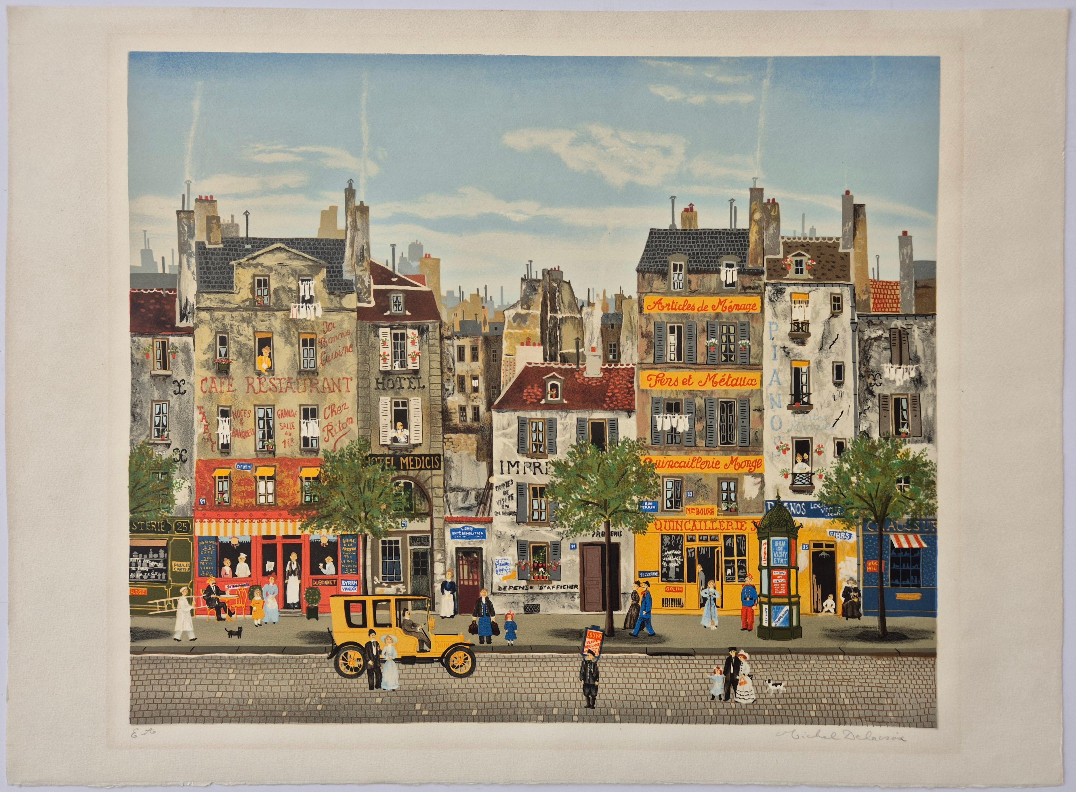 Michel Delacroix 
Parigi - Chez Riton
Litografia originale 
Firmato a mano a matita in basso a destra
Edizione EA in basso a sinistra
Dimensioni dell'immagine: 48 x 57,5 cm
Dimensioni del foglio: 56 x 75,5 cm

classica scena di strada parigina con