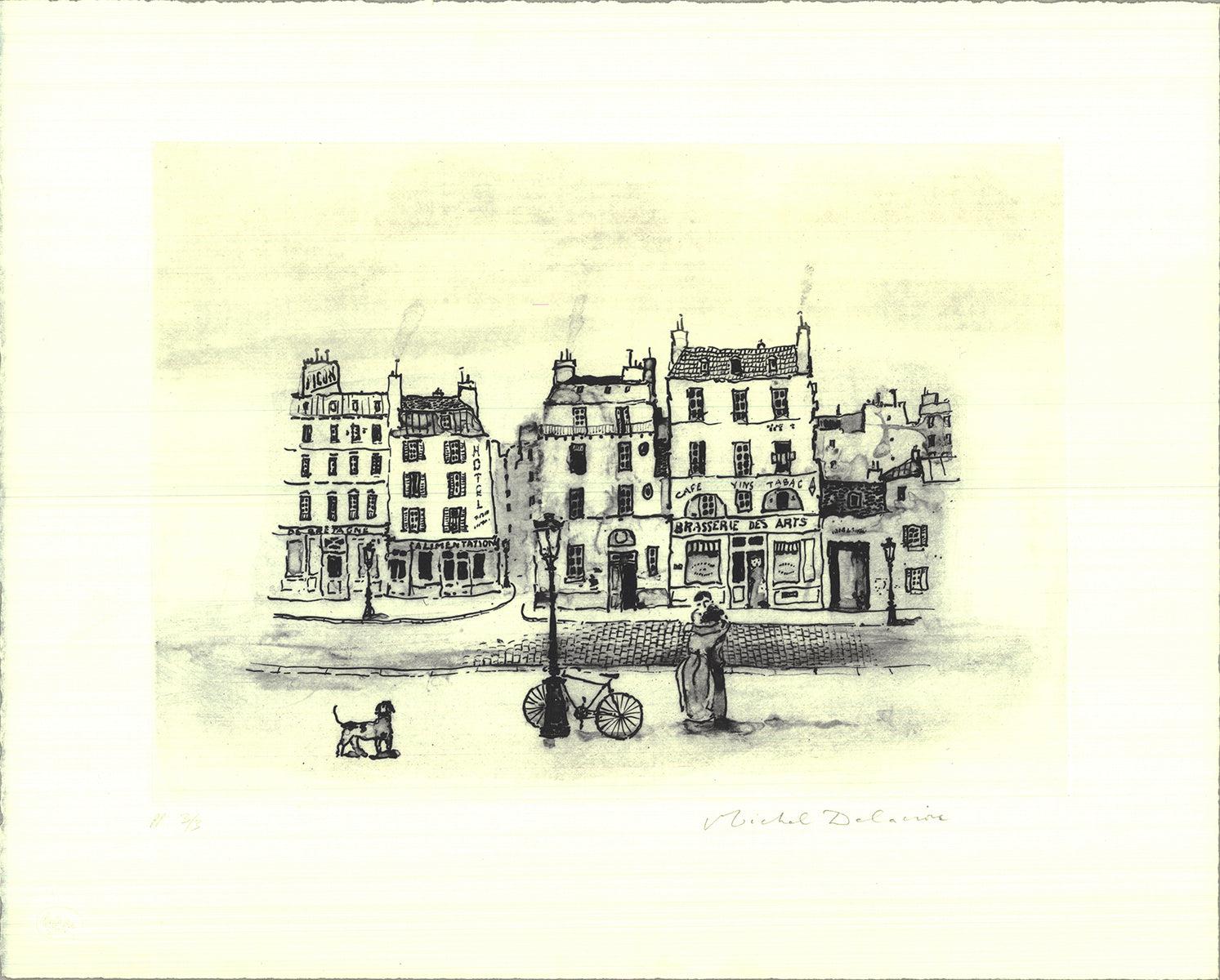 Original etching by Michel Delacroix hand signed and numbered out of 3 Printer's Proof. 
Delacroix is known for his lithographs and etchings, which further showcase his talent for capturing the essence of Parisian life. His work has been collected