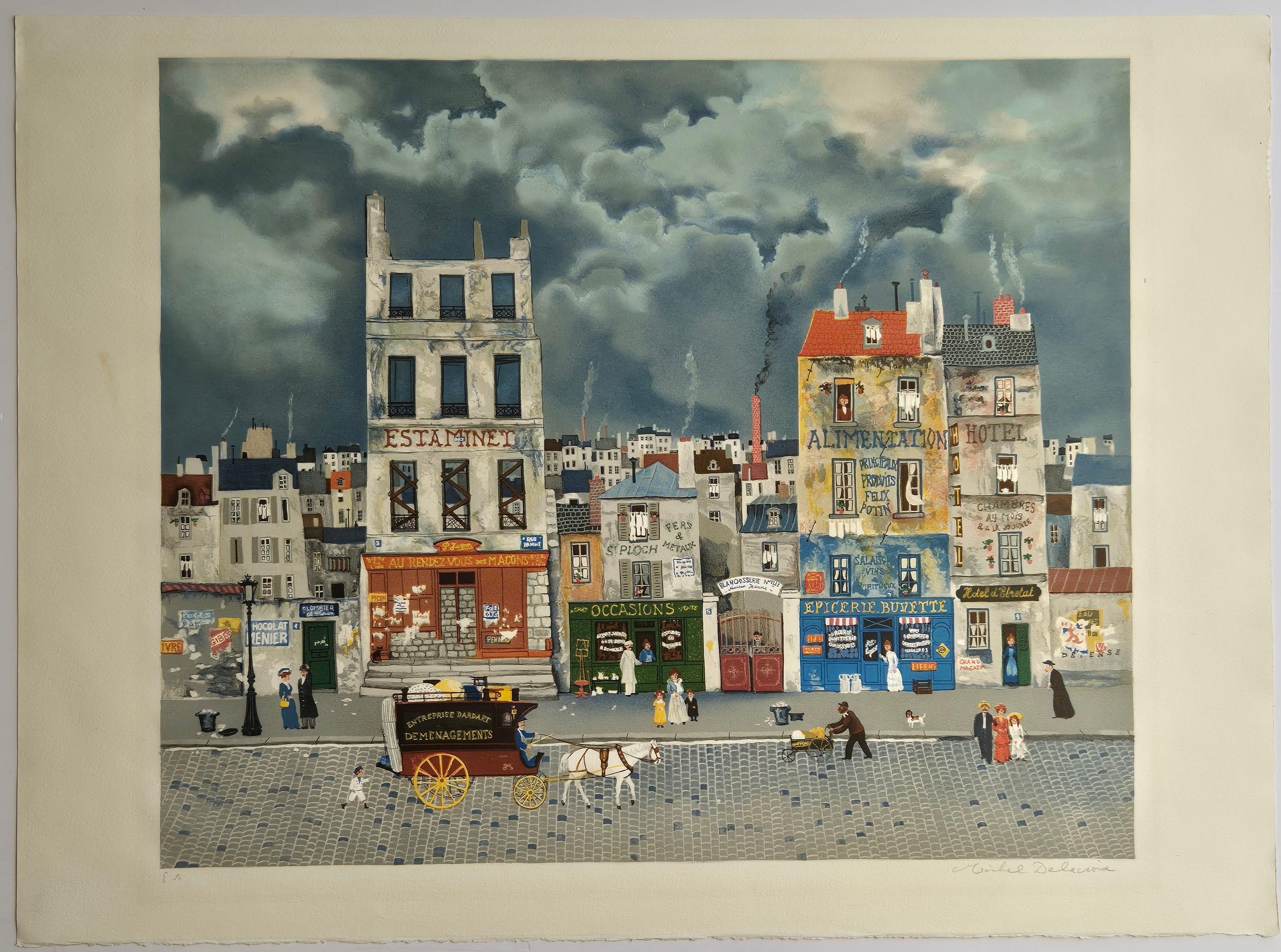 Michel Delacroix 
Rendez Vous de Macons, 1984
Original lithograph 
Hand signed in pencil lower right
Edition E.A. lower left
Published by Lublin Graphics

A lovely street scene view of the colorful, bustling, daily activity of wartime Delacroix's