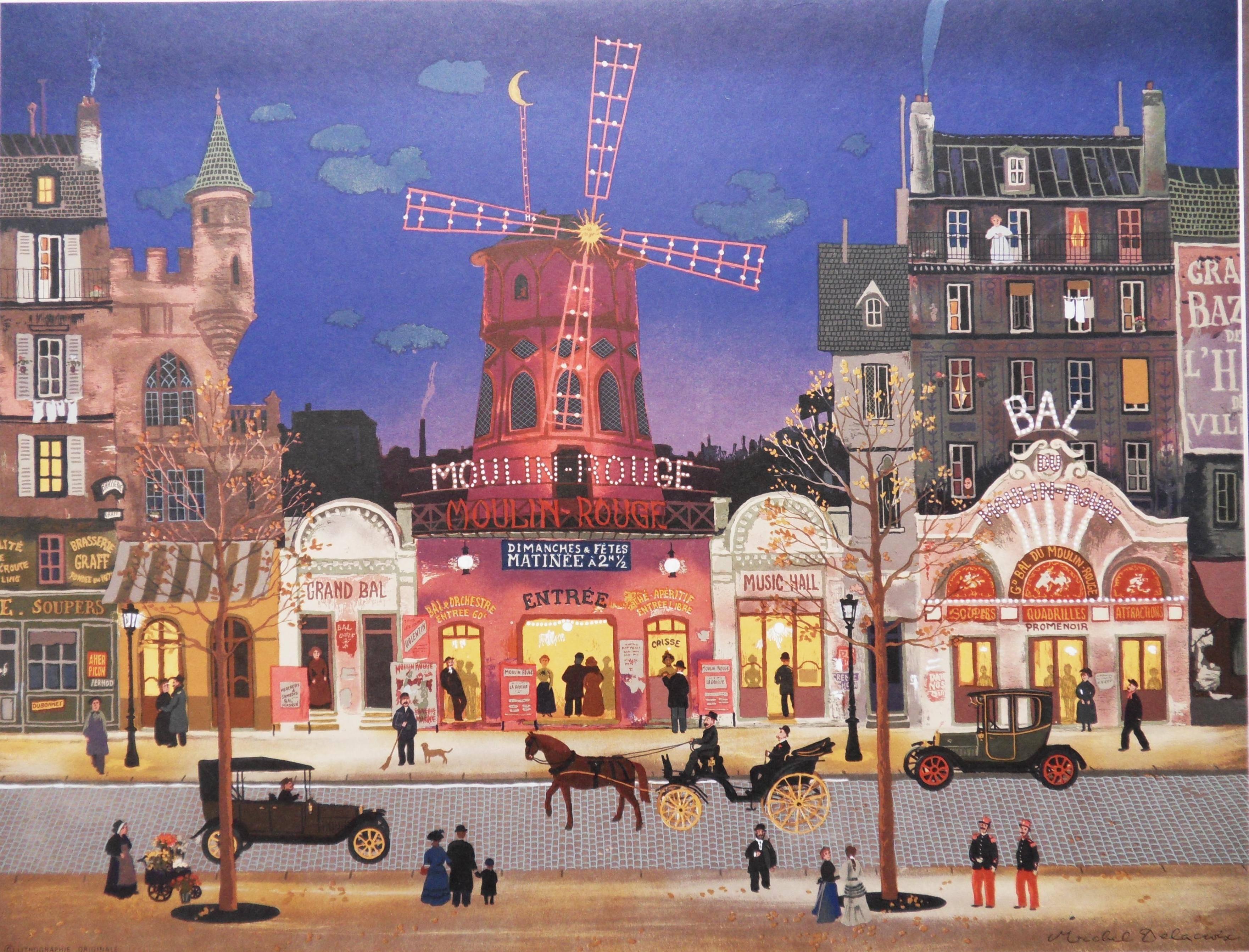 Figurative Print de Michel Delacroix - París : le Moulin Rouge - Cartel litografía