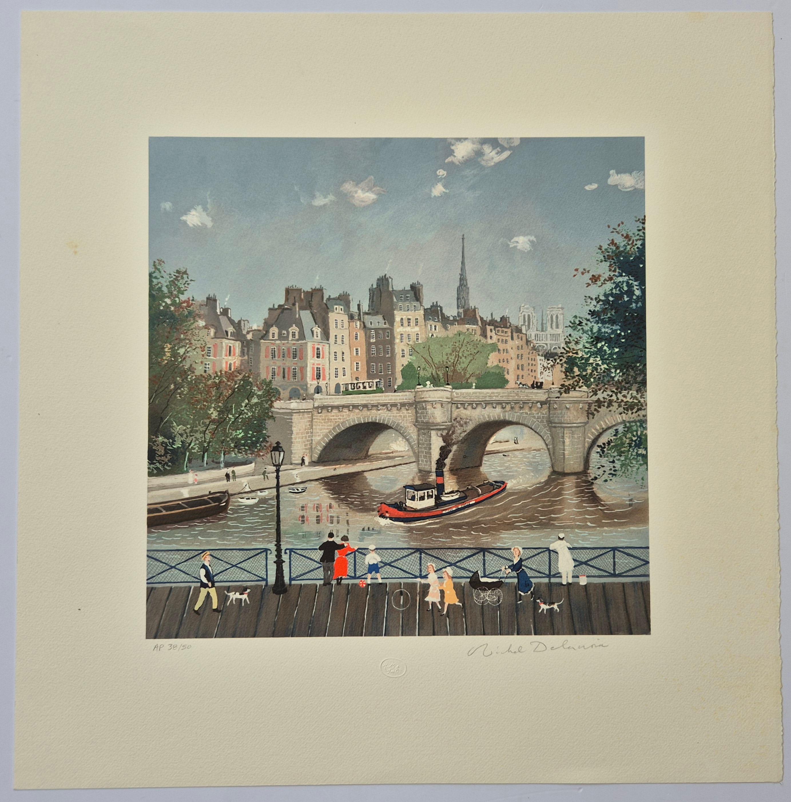 Passerelle des Halles in Summer from the Four Seasons Suite of Memories of Paris - Print by Michel Delacroix