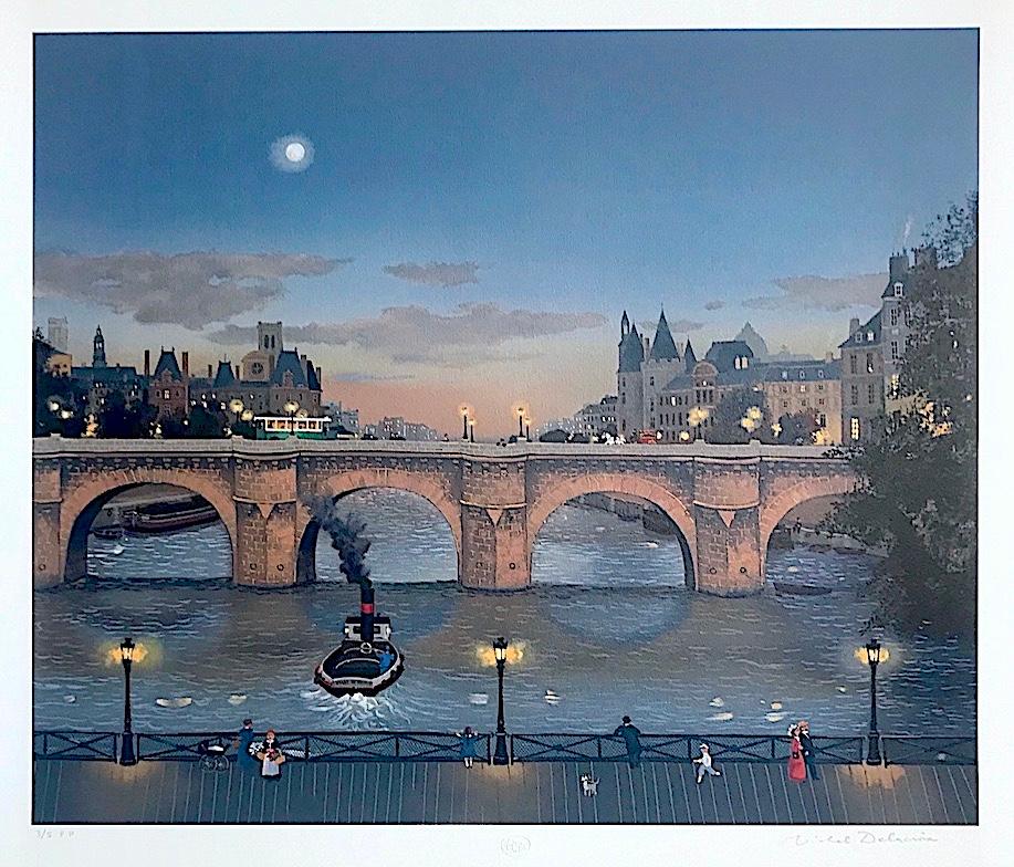 PONT NEUF LE SOIR Signed Lithograph Paris Night Scene Historic Bridge, Moon Boat - Print by Michel Delacroix