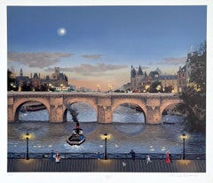 PONT NEUF LE SOIR Signed Lithograph Paris Night Scene Historic Bridge, Moon Boat