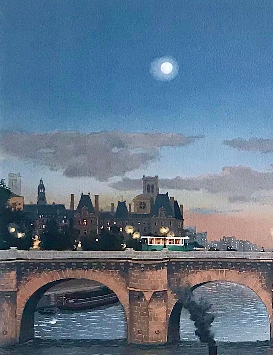PONT NEUF LE SOIR Litografía firmada Escena nocturna de París Puente histórico, barco lunar - Print Contemporáneo de Michel Delacroix