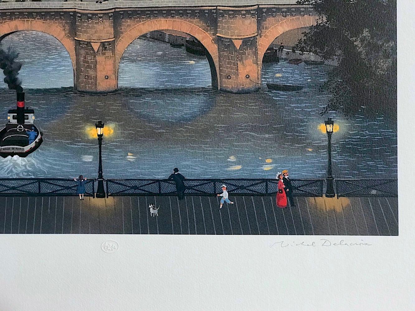 PONT NEUF LE SOIR Signed Lithograph Paris Night Scene Historic Bridge, Moon Boat For Sale 1