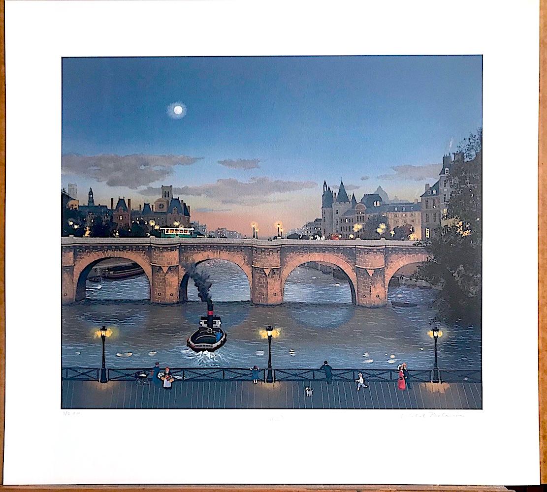 PONT NEUF LE SOIR Signed Lithograph Paris Night Scene Historic Bridge, Moon Boat For Sale 2