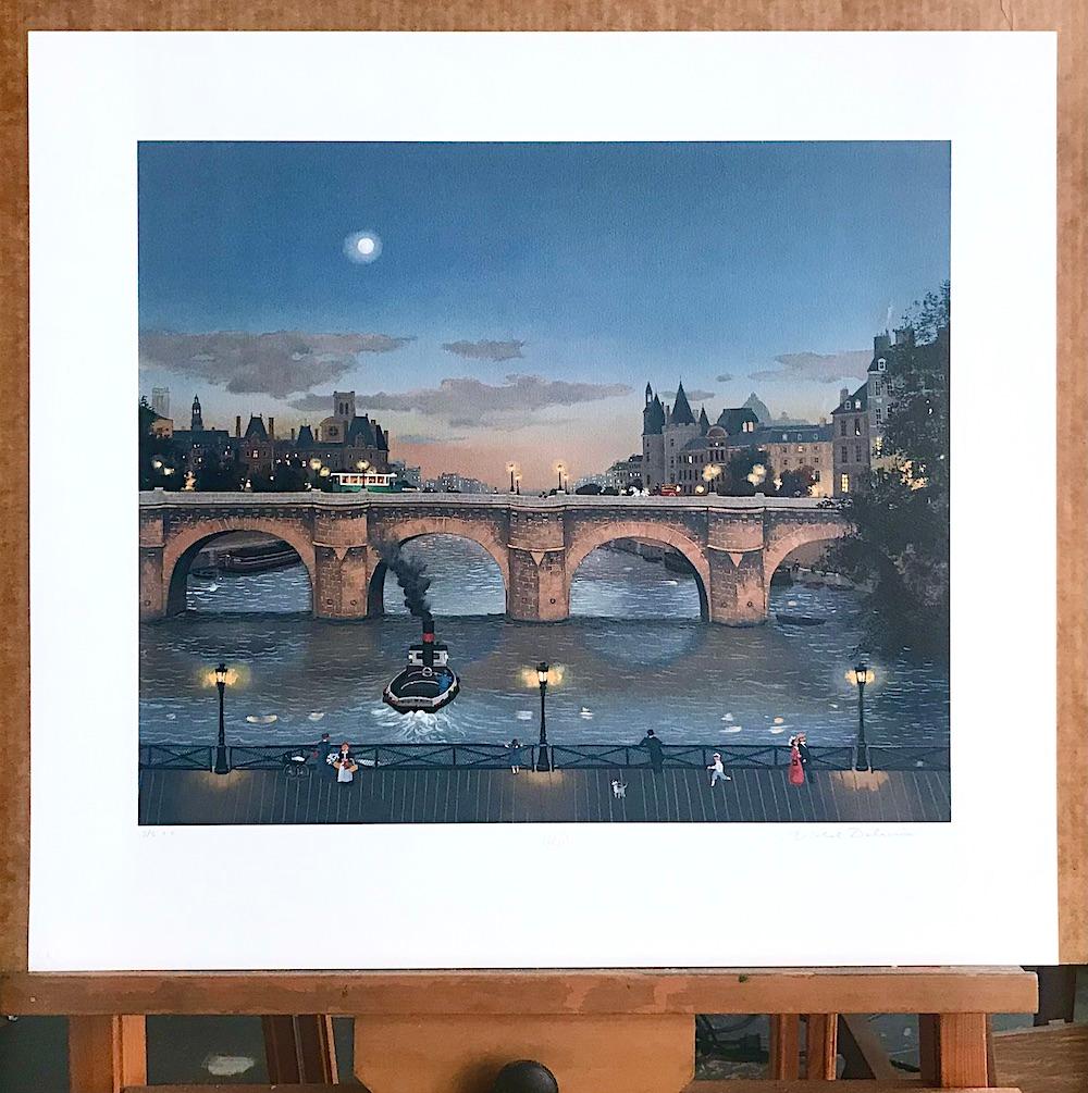 PONT NEUF LE SOIR Litografía firmada Escena nocturna de París Puente histórico, barco lunar en venta 4