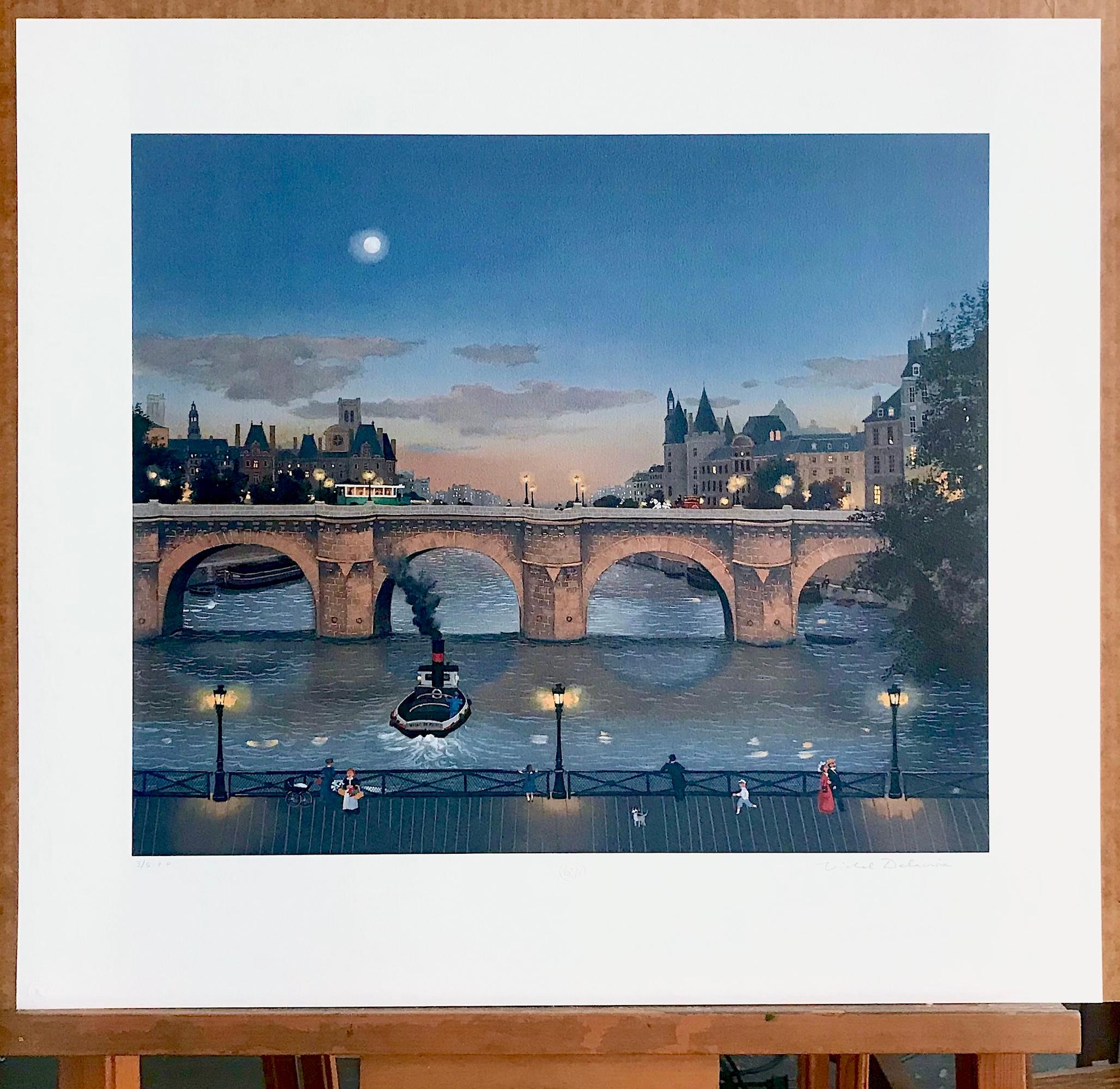 PONT NEUF LE SOIR Signed Lithograph Paris Night Scene Historic Bridge, Moon Boat For Sale 3