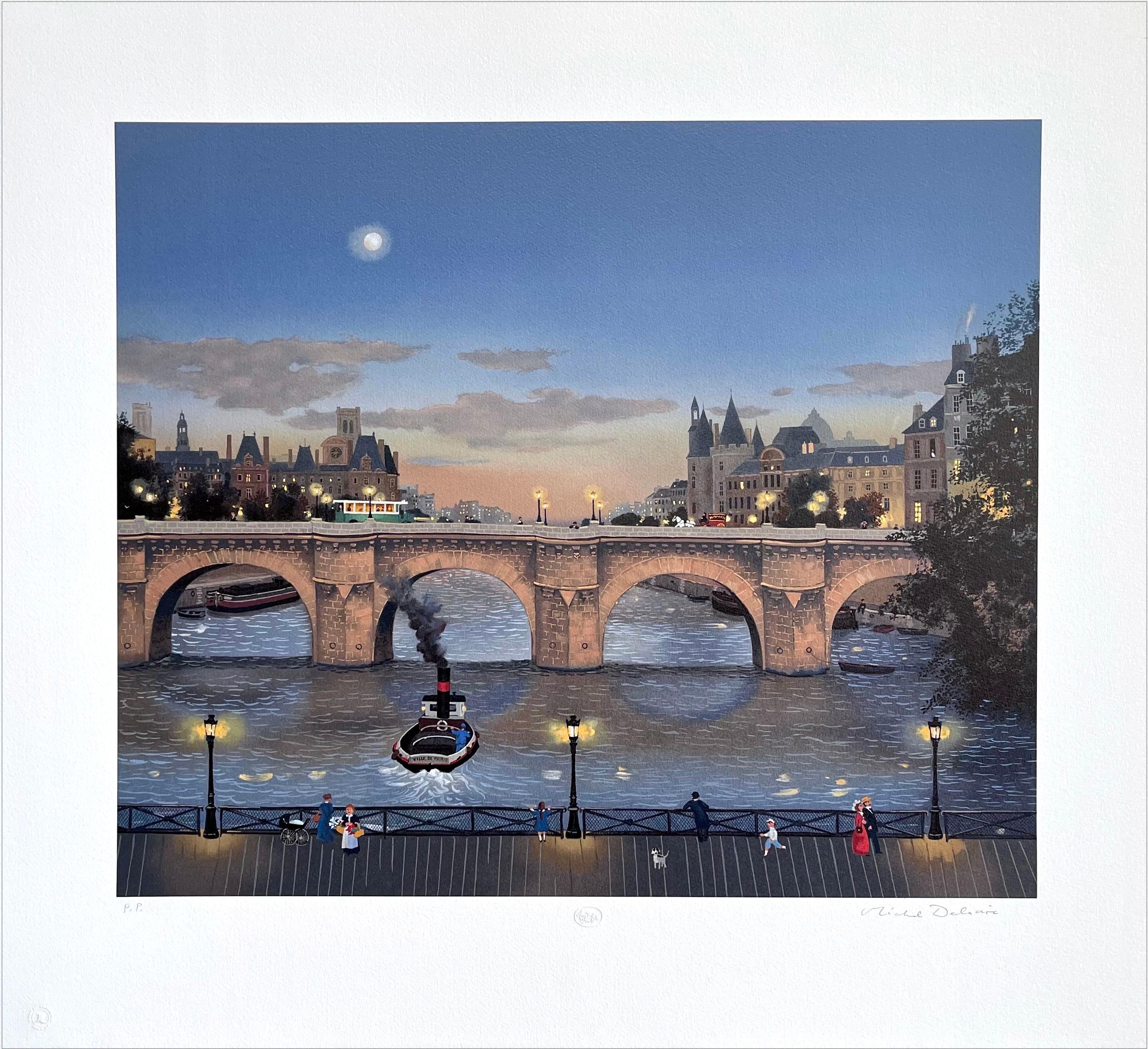 PONT NEUF LE SOIR Signed Lithograph Paris Night Scene Historic Bridge, Moon Boat