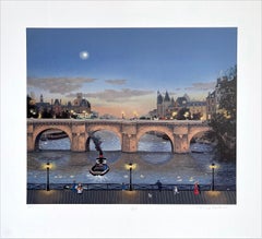 PONT NEUF LE SOIR Signed Lithograph Paris Night Scene Historic Bridge, Moon Boat