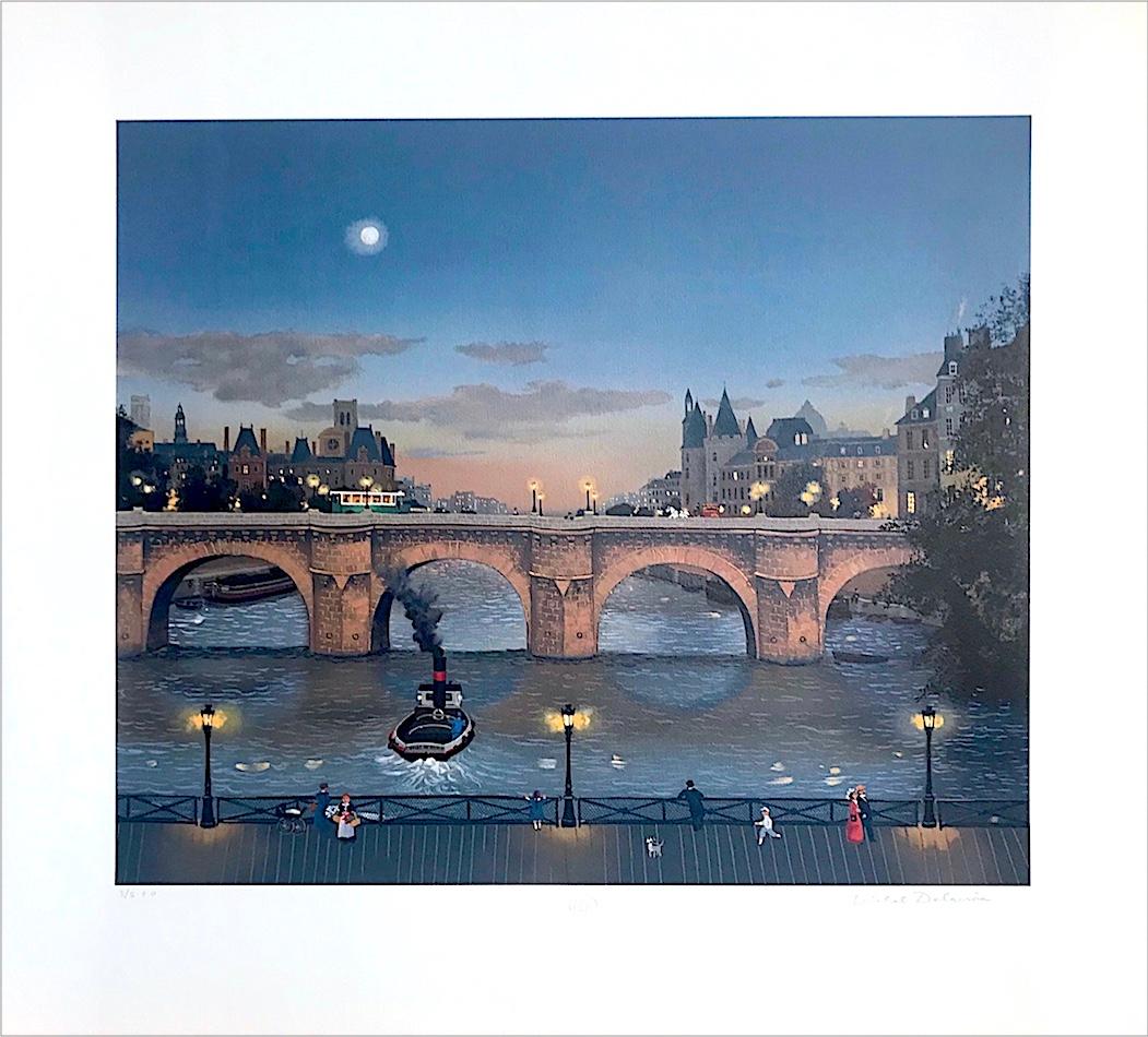 Michel Delacroix Figurative Print - PONT NEUF LE SOIR Signed Lithograph Paris Night Scene Historic Bridge, Moon Boat