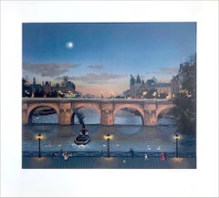 PONT NEUF LE SOIR Signed Lithograph Paris Night Scene Historic Bridge, Moon Boat