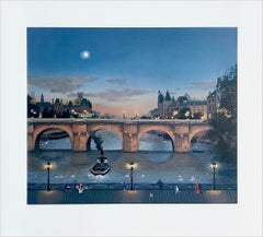 Lithographie signée PONT NEUF LE SOIR Paris Scène de nuit pont historique, bateau en forme de lune