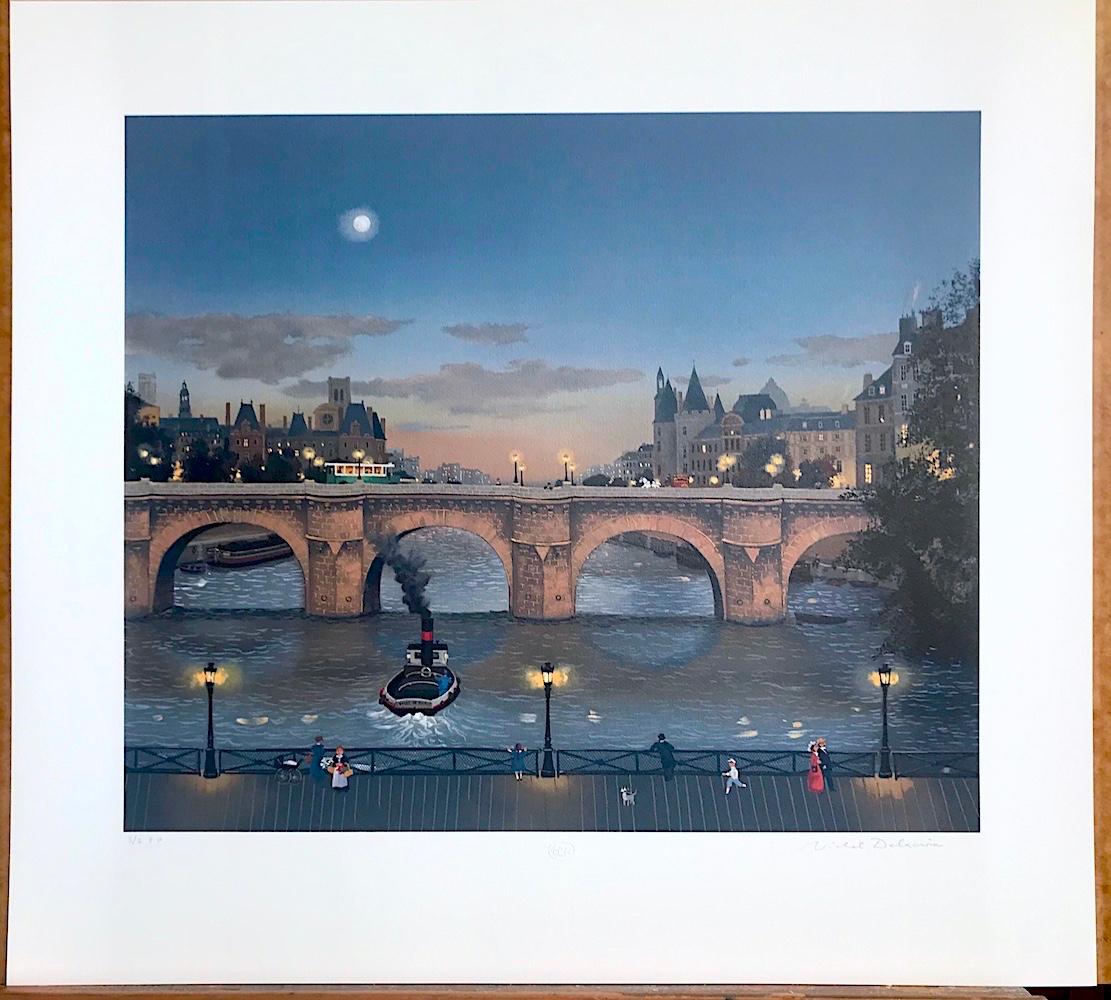 PONT NEUF LE SOIR, Signed Original Lithograph, Paris Night Scene Historic Bridge - Contemporary Print by Michel Delacroix
