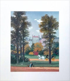 SUR LE BANC (On The Bench) Signed Lithograph, Autumn Scene Paris, Lovers, Horses