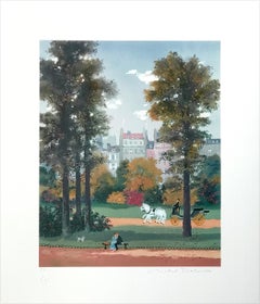 SUR LE BANC (On The Bench) Signed Lithograph, Autumn Scene Paris, Lovers, Horses