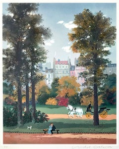Vintage SUR LE BANC (On The Bench) Signed Lithograph, Autumn Scene Paris, Lovers, Horses