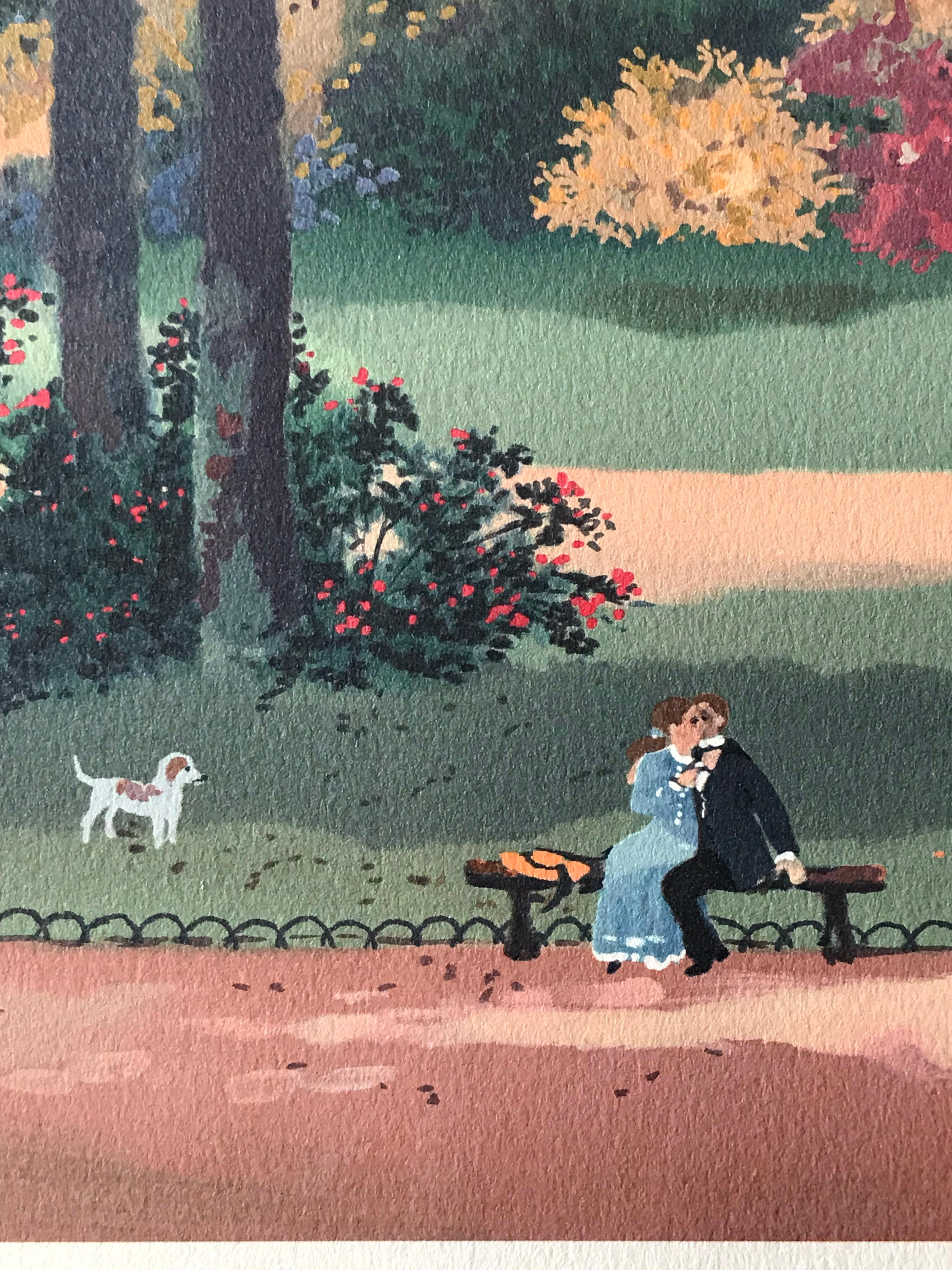SUR LE BANC (Auf der Bank) Signierte Lithographie, Herbstszene Paris, Liebhaber, Pferde (Zeitgenössisch), Print, von Michel Delacroix