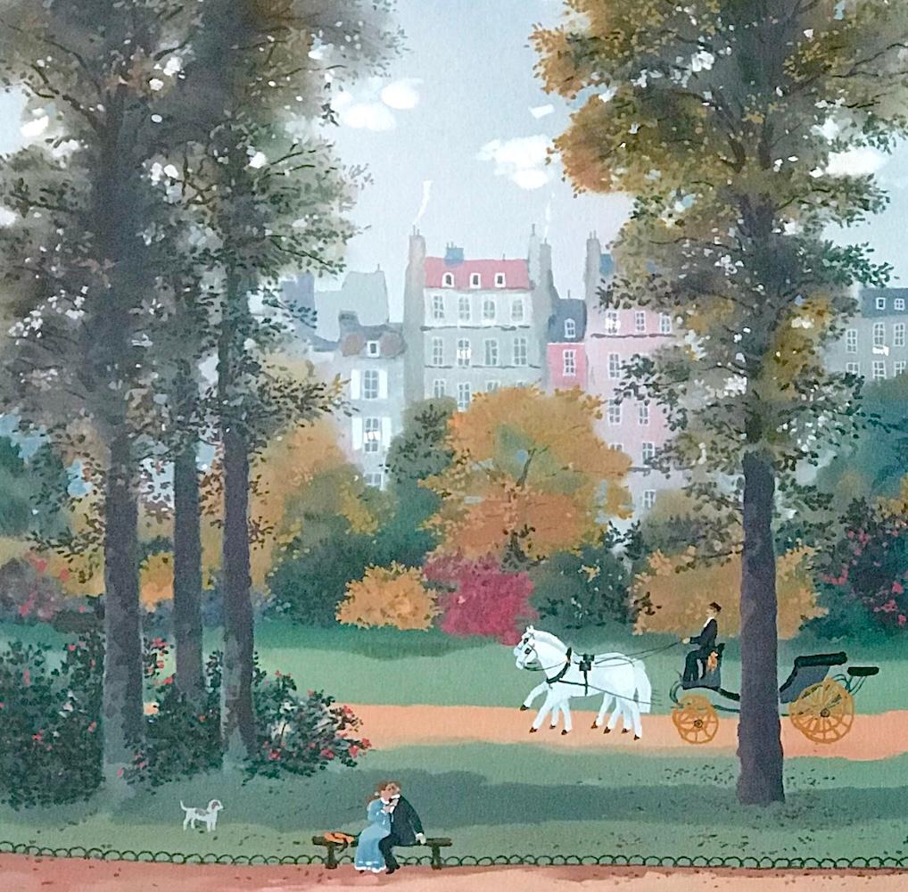 SUR LE BANC (Sulla panchina) Litografia firmata, Scena d'autunno Parigi, amanti, cavalli - Landscape Print Grigio di Michel Delacroix