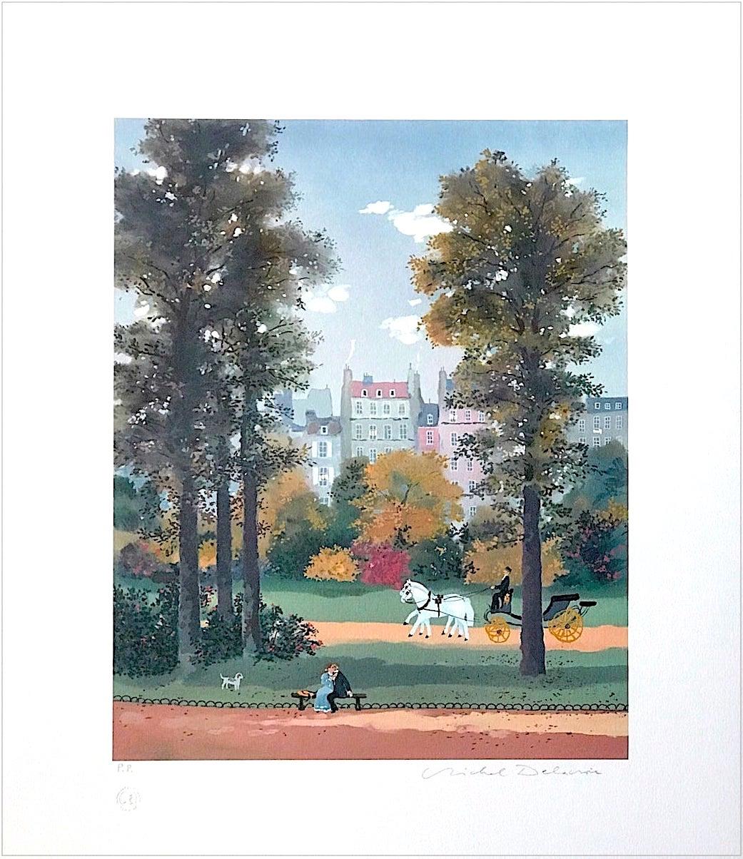Michel Delacroix Landscape Print – SUR LE BANC (Auf der Bank) Signierte Lithographie, Herbstszene Paris, Liebhaber, Pferde