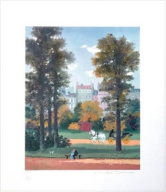 SUR LE BANC (On The Bench), lithographie signée, scène d'automne Paris, amoureux, chevaux