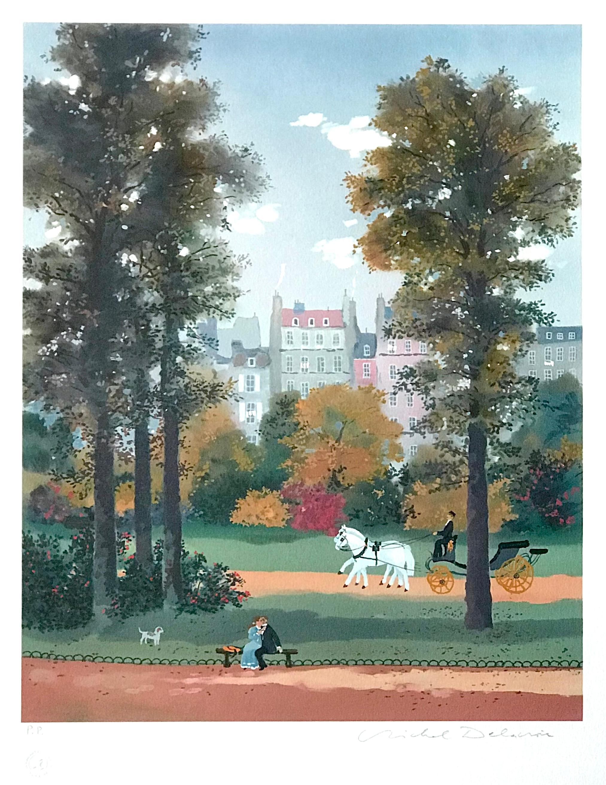 Michel Delacroix Landscape Print - SUR LE BANC (On The Bench) Signed Lithograph, Autumn Scene Paris, Lovers, Horses