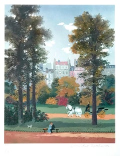 SUR LE BANC (Auf der Bank) Signierte Lithographie, Herbstszene Paris, Liebhaber, Pferde