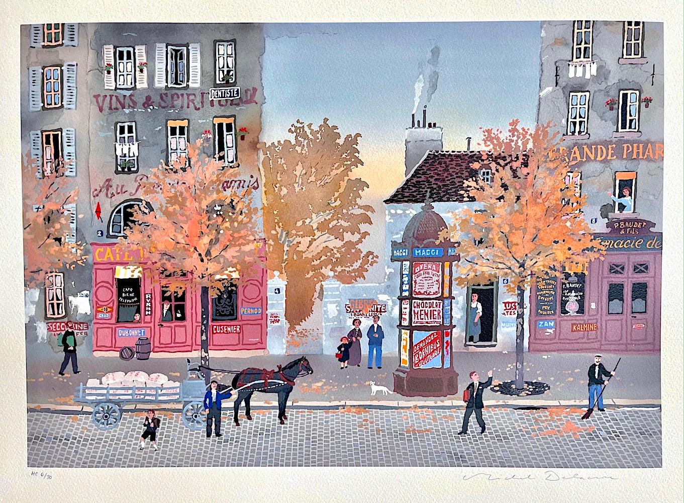 Un signe de la Main, Signed Lithograph, Autumn Street Scene, Iconic Paris Kiosk  - Print by Michel Delacroix