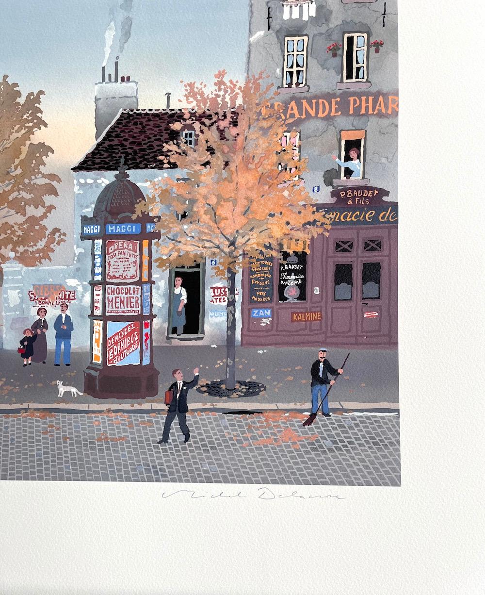 Un signe de la Main, Signed Lithograph, Autumn Street Scene, Iconic Paris Kiosk  - Gray Figurative Print by Michel Delacroix