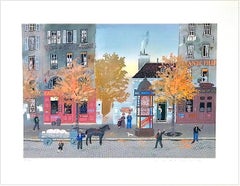 Un signe de la Main, Signed Lithograph, Autumn Street Scene, Iconic Paris Kiosk 