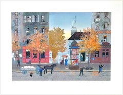 Un signe de la Main, Signed Lithograph, Autumn Street Scene, Iconic Paris Kiosk