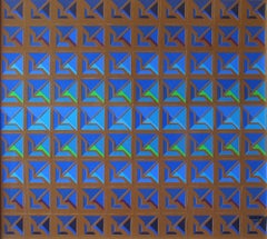 Kinetic Modern Abstract Painting Blue Brown Geometric Paper Collage Carré