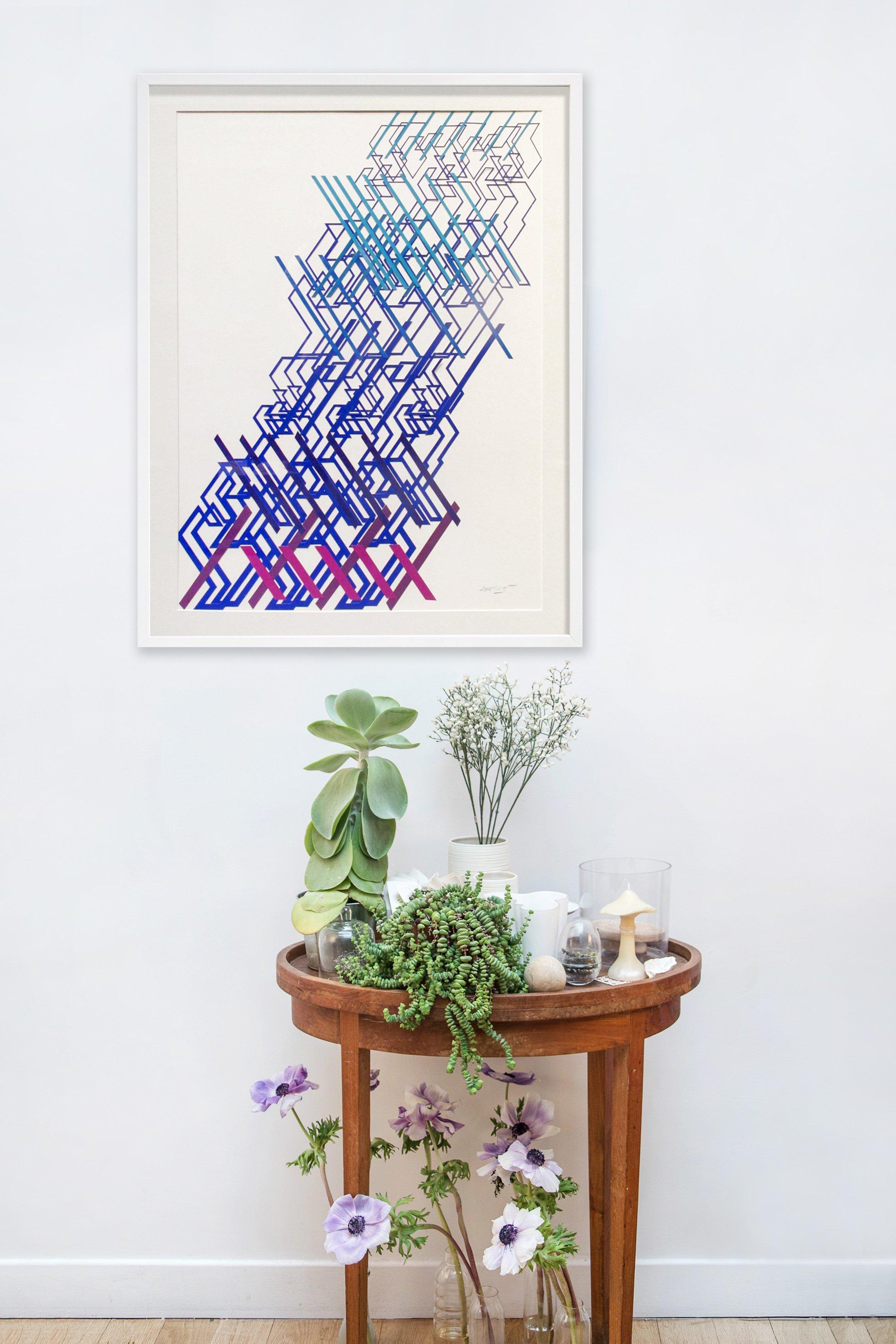 Kinetic Modern Abstract Painting - Blue Geometric Paper Collage - 