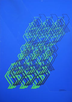 Kinetic Modern Abstract Painting - Blue Geometric Paper Collage - "Graphisme"