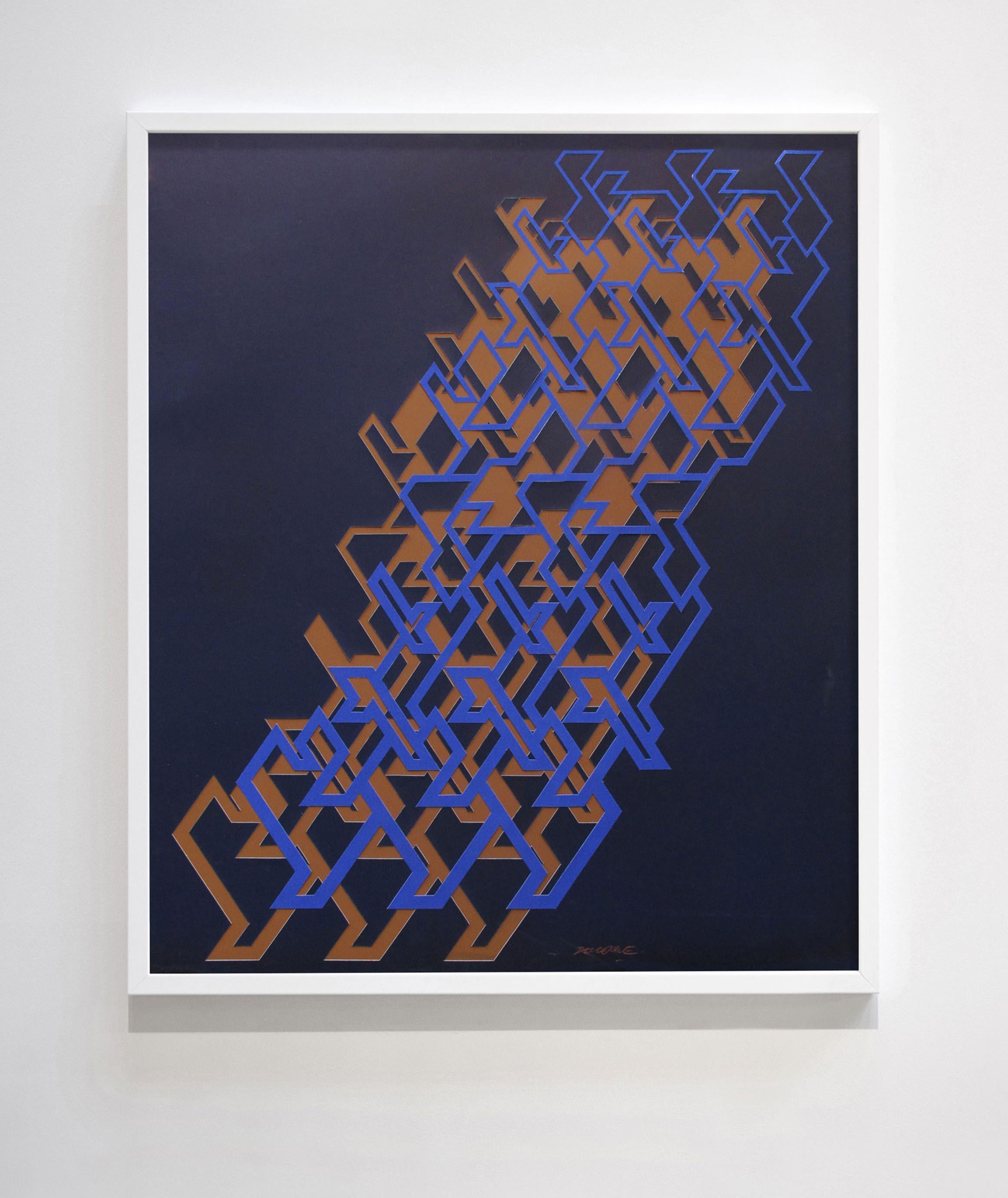 Michel Deverne Landscape Painting - Kinetic Modern Abstract Painting - Blue Geometric Paper Collage - "Graphisme"