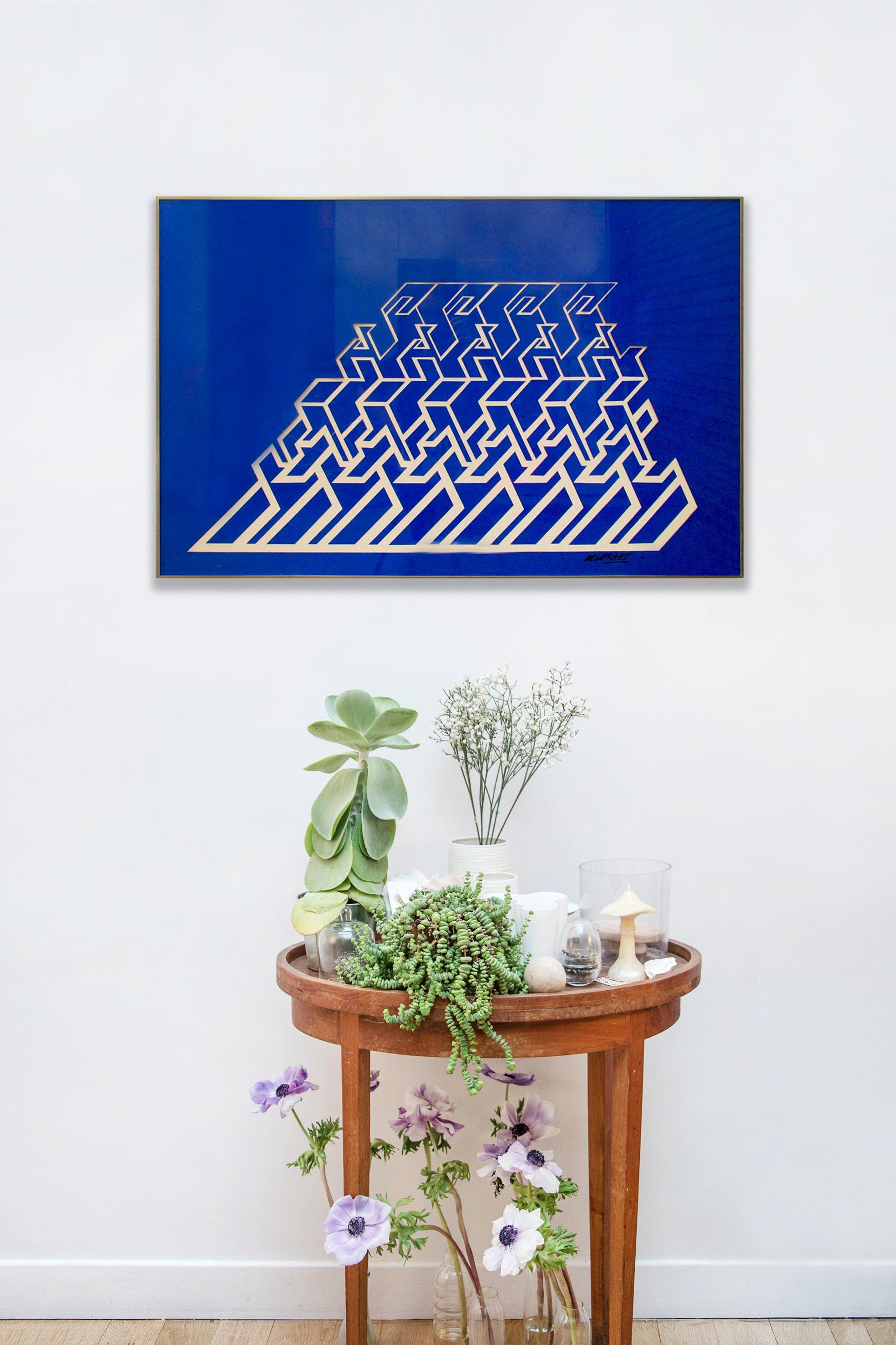 Kinetic Modern Abstract Painting - Blue Geometric Paper Collage - 