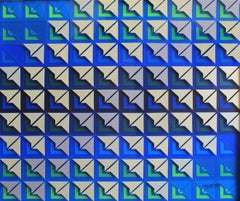 Vintage Kinetic Modern Abstract Painting Blue Glass Geometric Paper Collage Carré