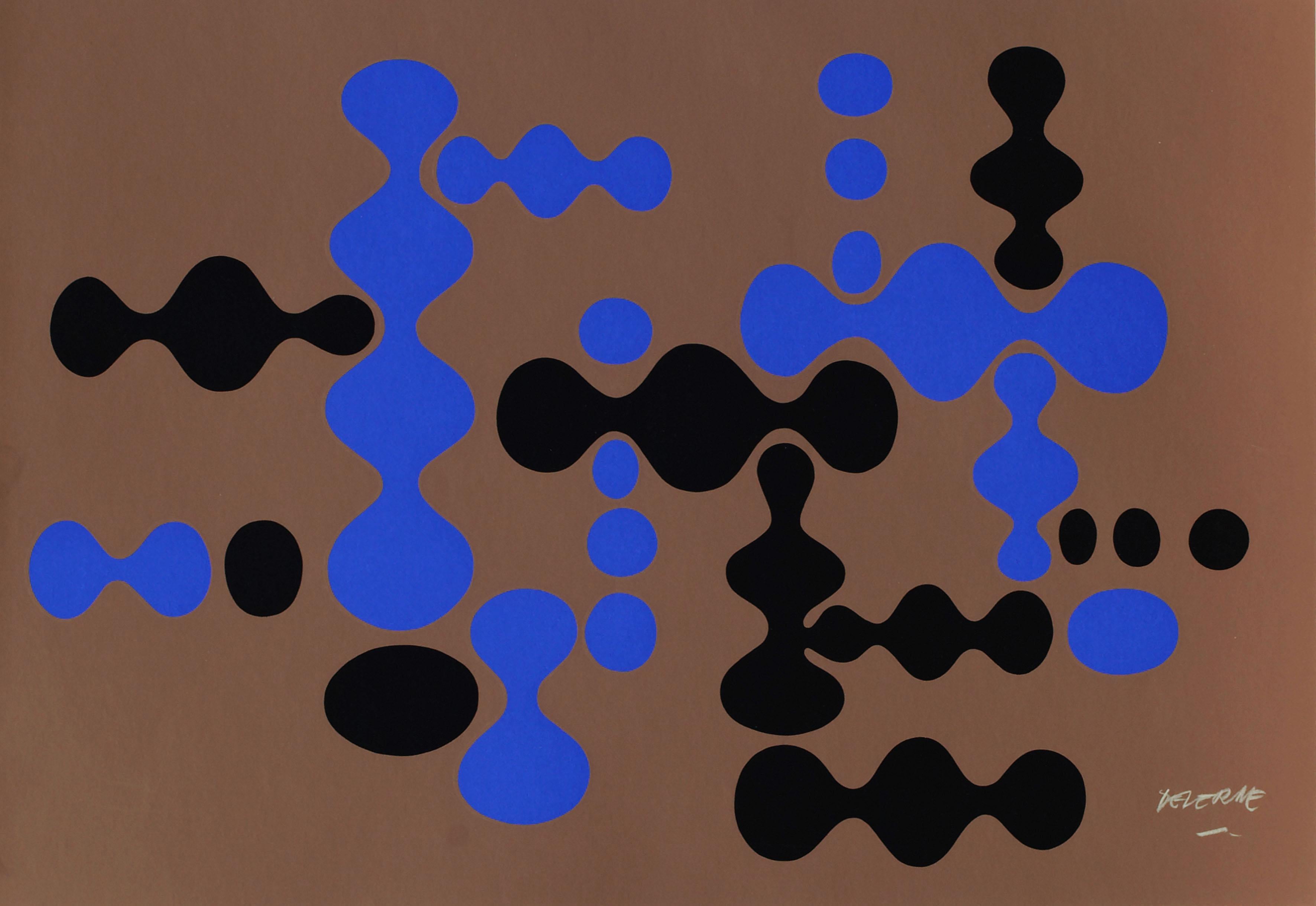 Michel Deverne Abstract Print - Kinetic Modern Abstract Geometric Print Silkscreen Brown Blue Black "Bilboquet"