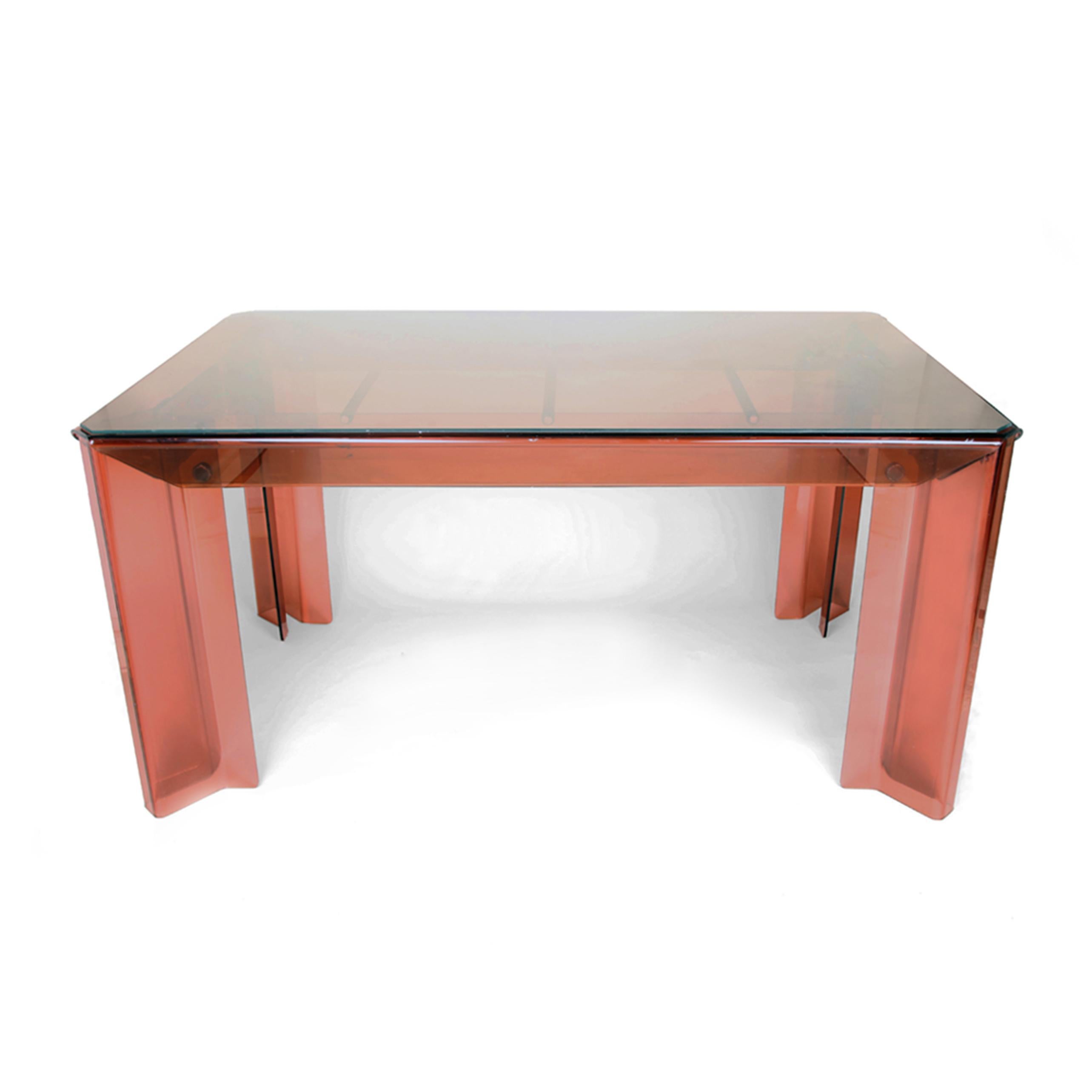 Unique dining table and four chairs in smoked perspex with chrome and orange perspex fittings. Very modern design, the table has a glass top and the chairs originally had velvet cushions. Replacement cushions upon request. 
This dining set