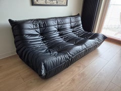 Michel Ducaroy for Ligne Roset Black Leather Togo Sofa and pouf, Set of 2