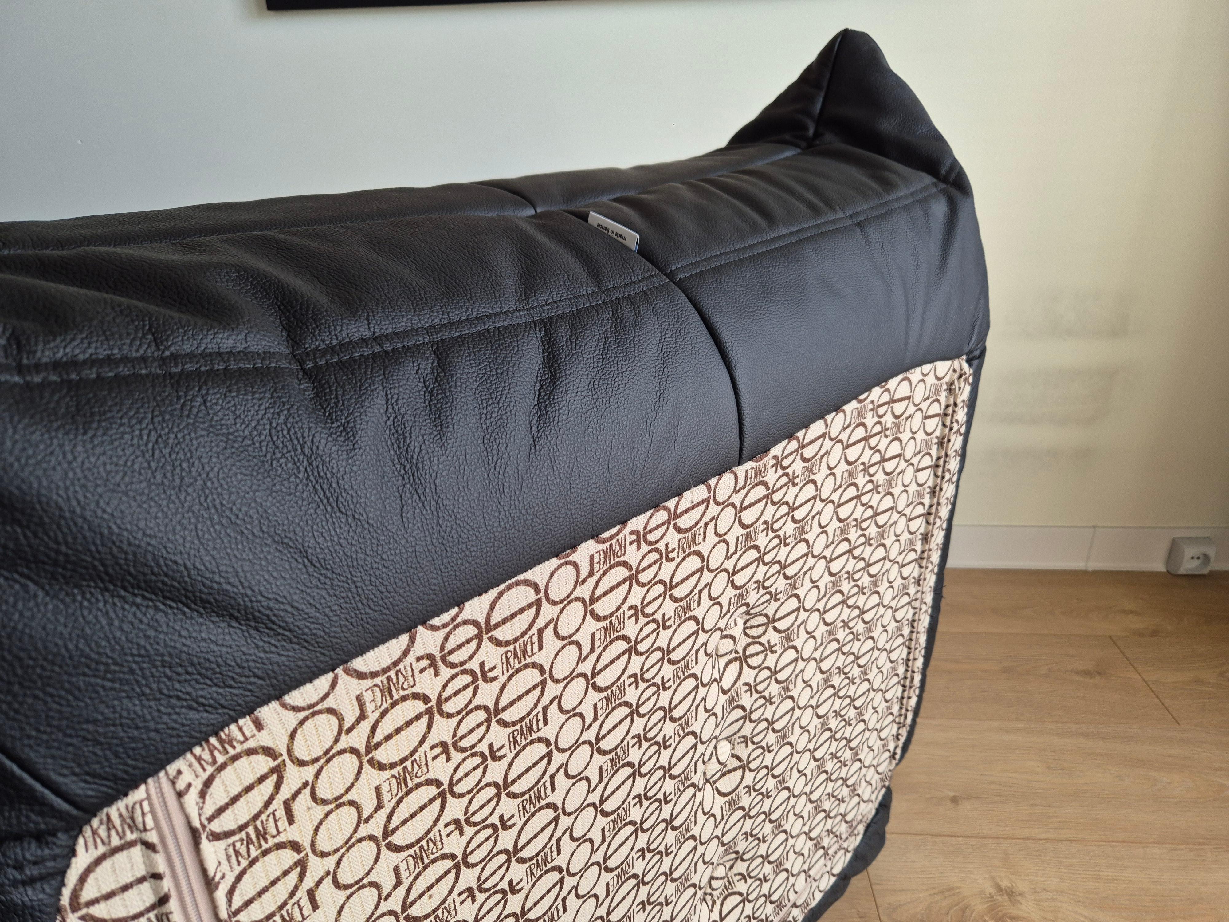 Sofá y puf Togo de piel negra, set de 2, Michel Ducaroy para Ligne Roset Cuero en venta
