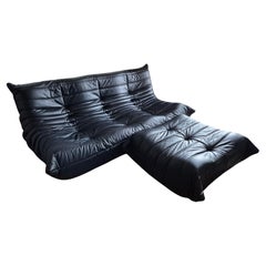 Michel Ducaroy for Ligne Roset Black Leather Togo Sofa and pouf, Set of 2