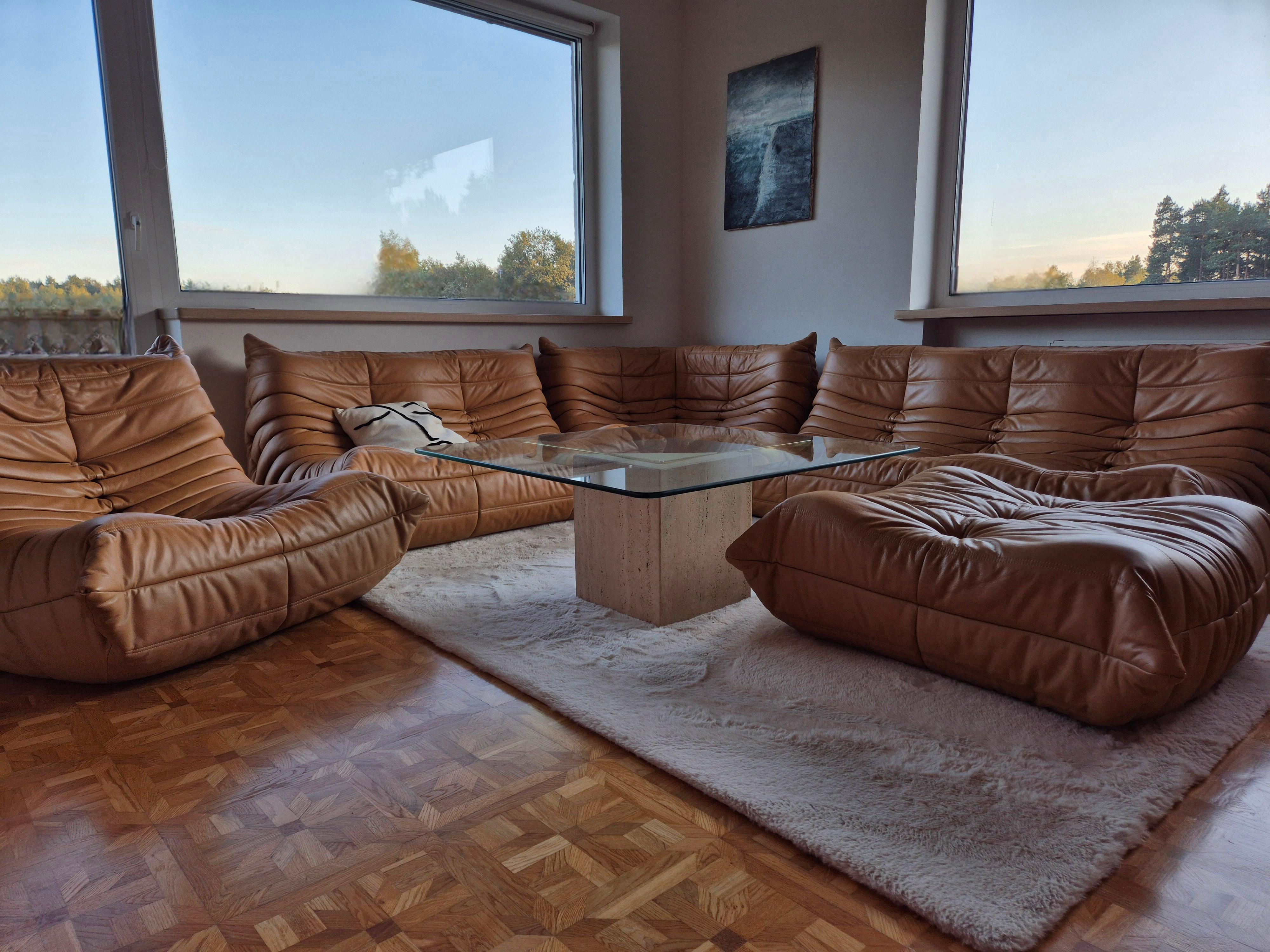 Michel Ducaroy for Ligne Roset Camel Leather Togo Sofas, Set of 5 5