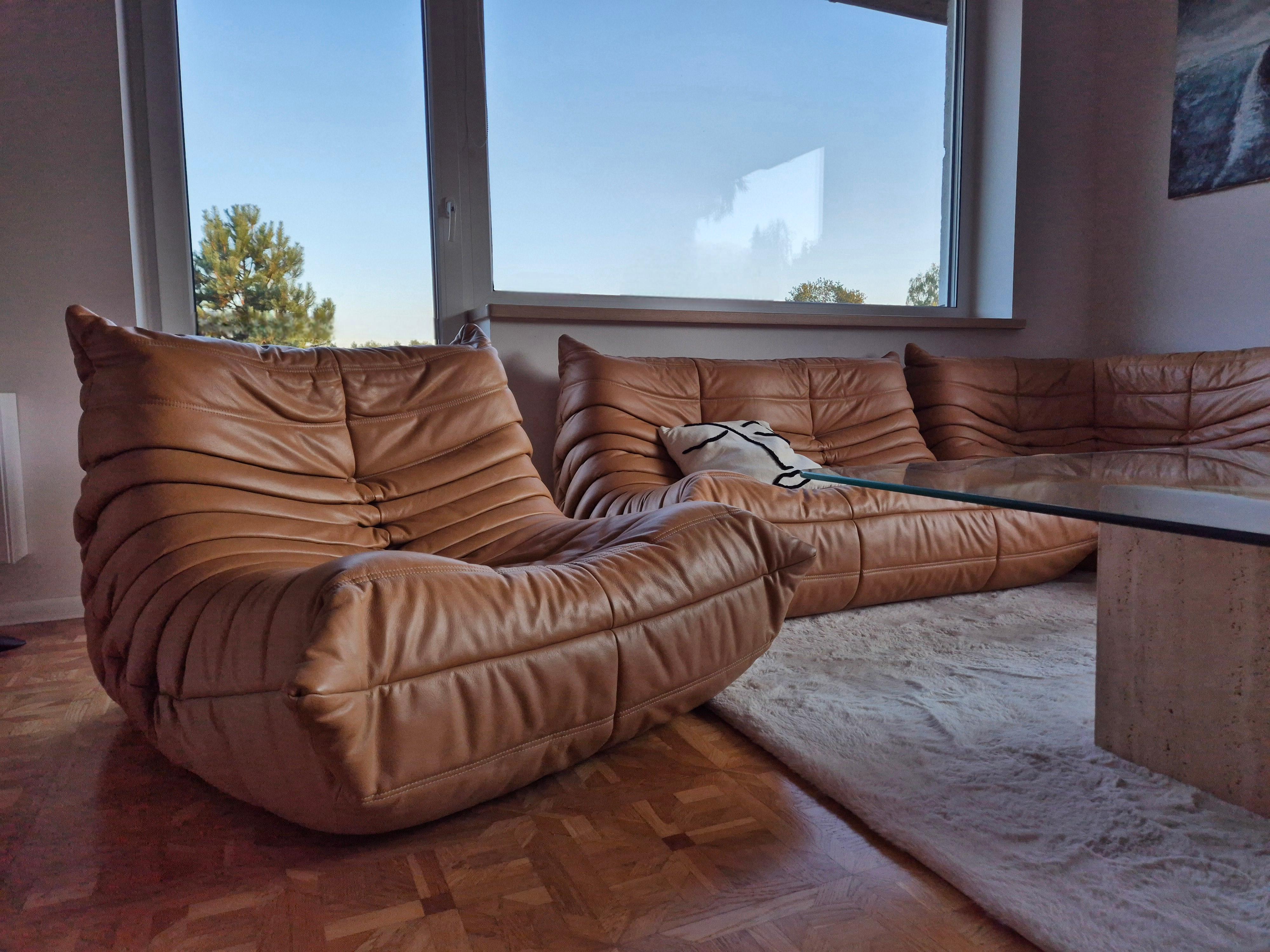 Modern Michel Ducaroy for Ligne Roset Camel Leather Togo Sofas, Set of 5
