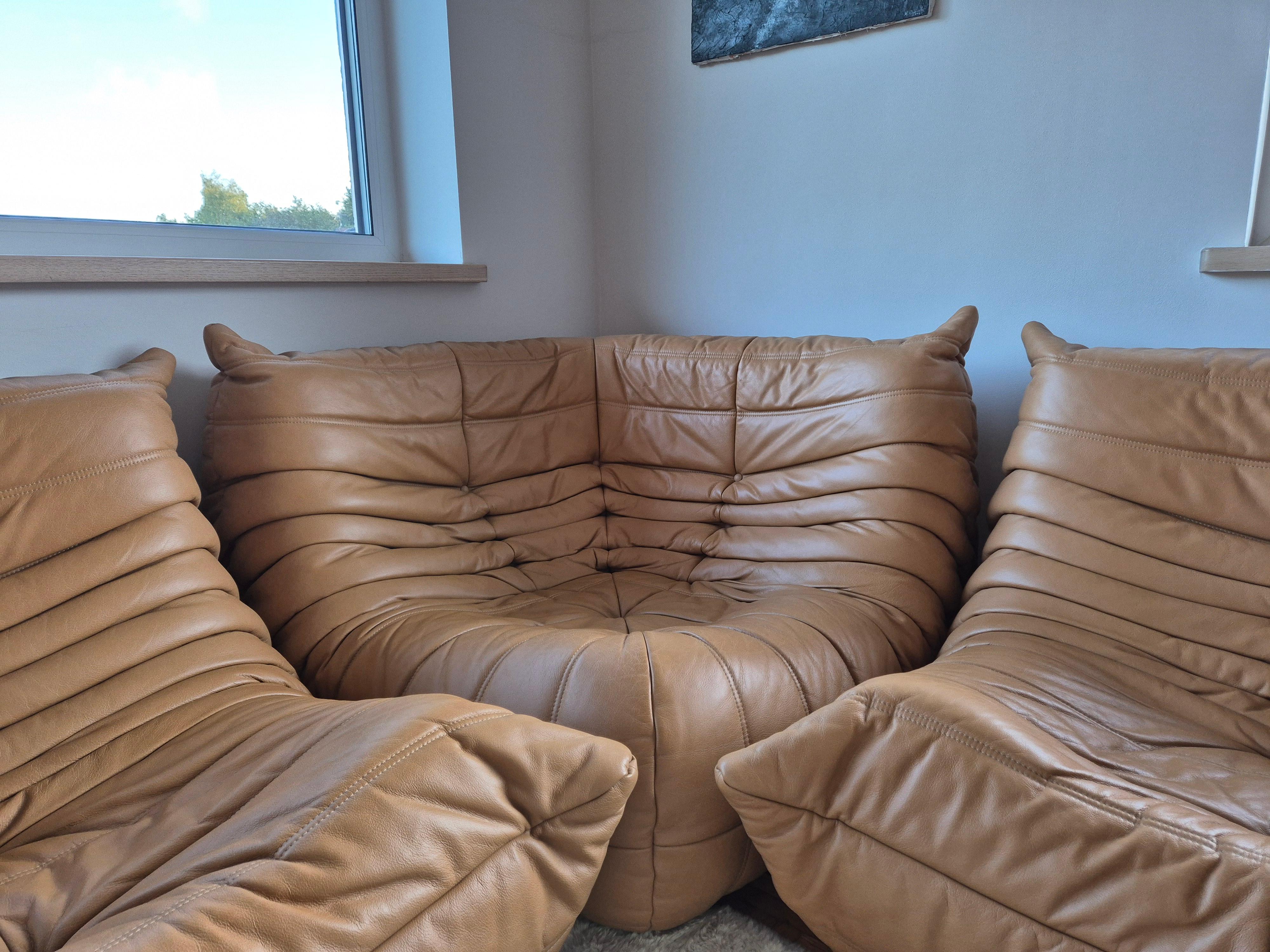 Michel Ducaroy for Ligne Roset Camel Leather Togo Sofas, Set of 5 3