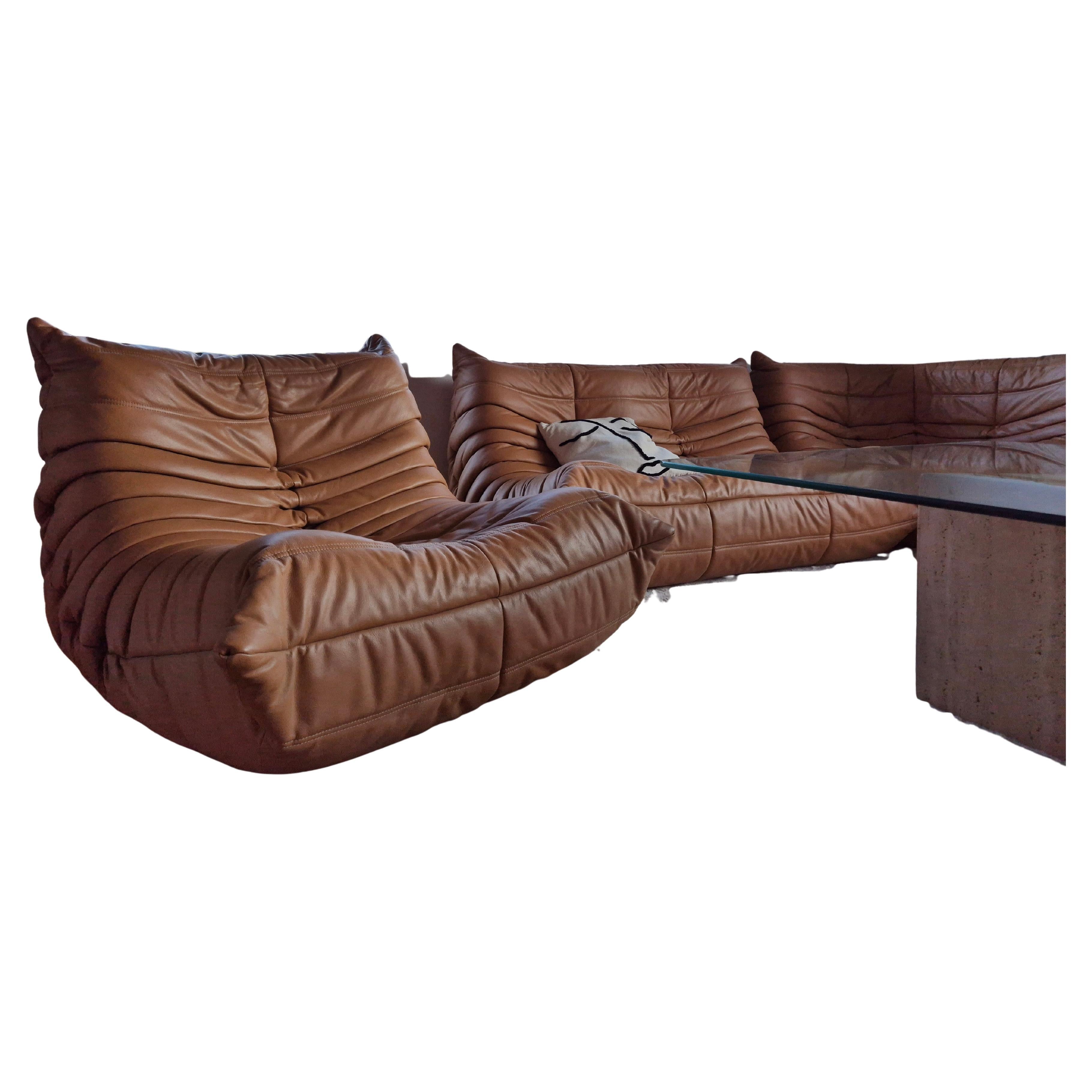 Michel Ducaroy for Ligne Roset Camel Leather Togo Sofas, Set of 5 For Sale