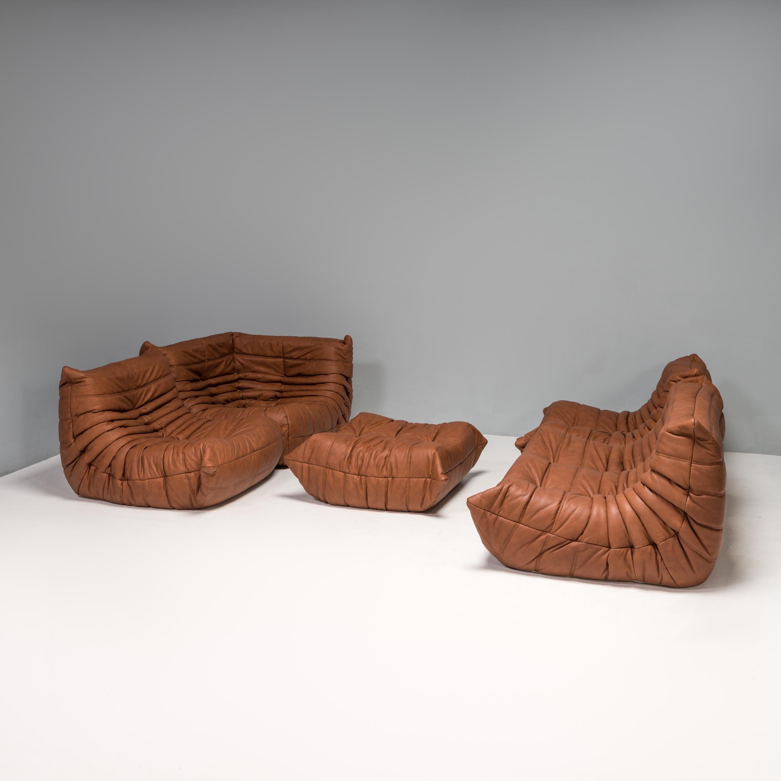 Modulares Sofa aus braunem Leder von Michel Ducaroy für Ligne Roset, 5er-Set (Ende des 20. Jahrhunderts) im Angebot