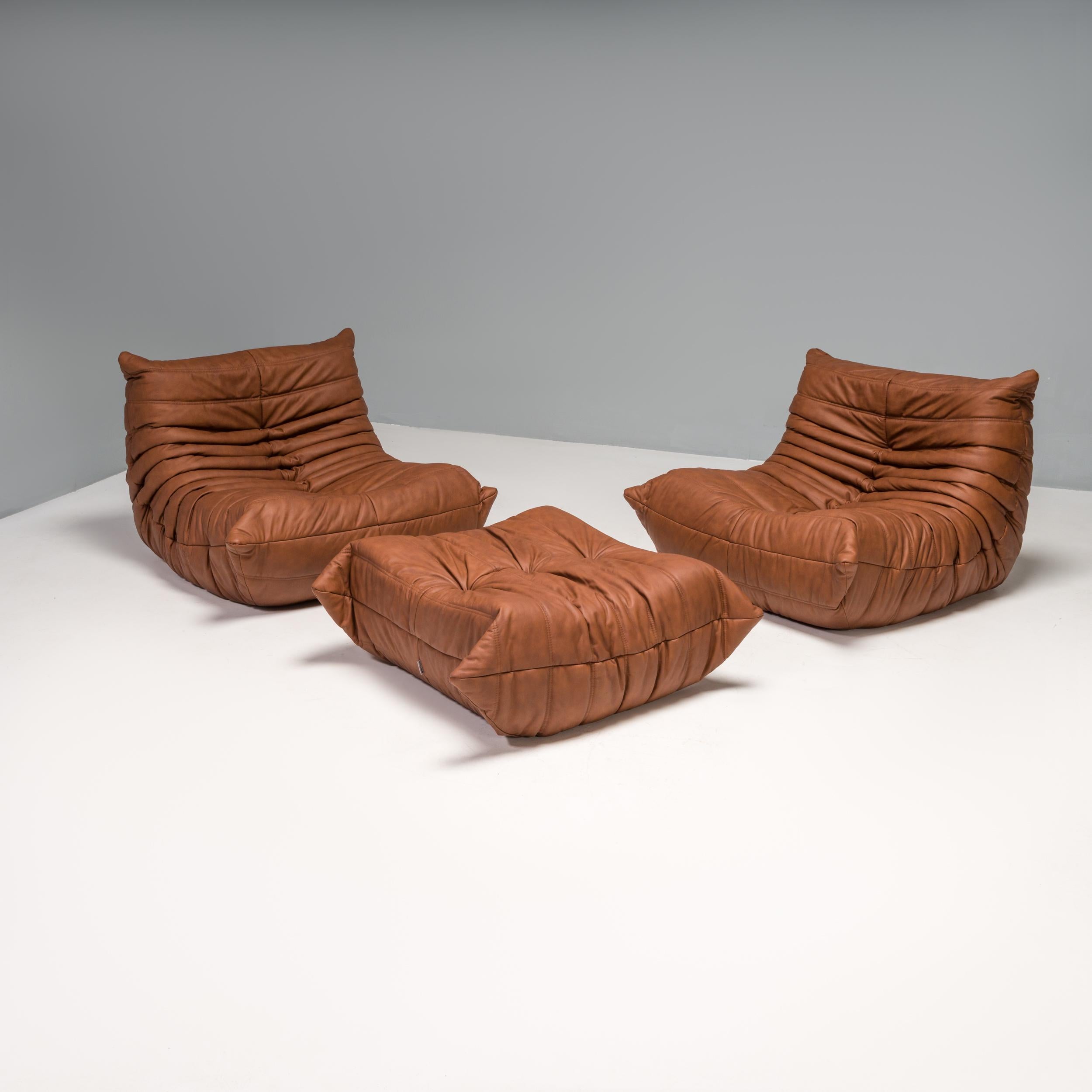 Michel Ducaroy for Ligne Roset Togo Brown Leather Modular Sofa, Set of 5 In Excellent Condition For Sale In London, GB