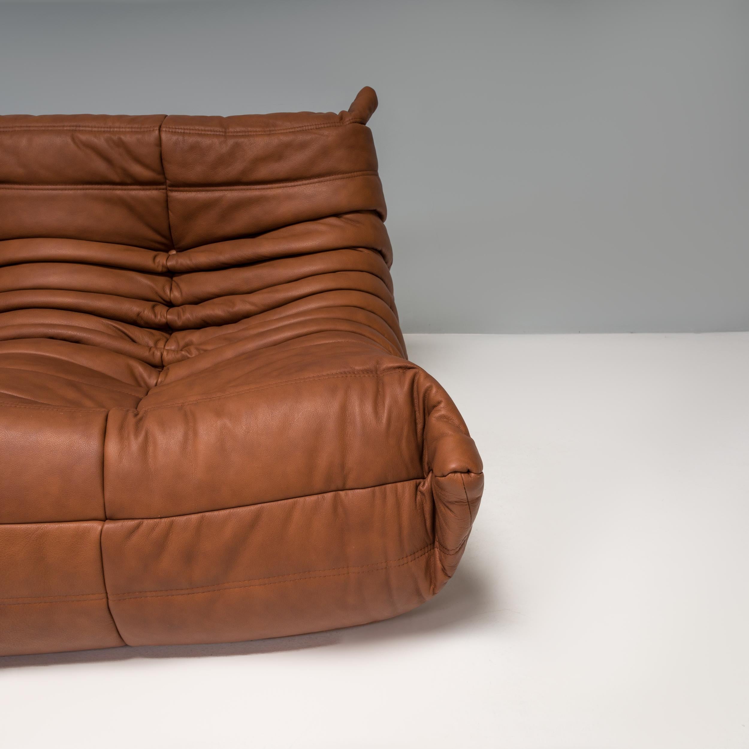 Late 20th Century Michel Ducaroy for Ligne Roset Togo Brown Leather Modular Sofa, Set of 5 For Sale